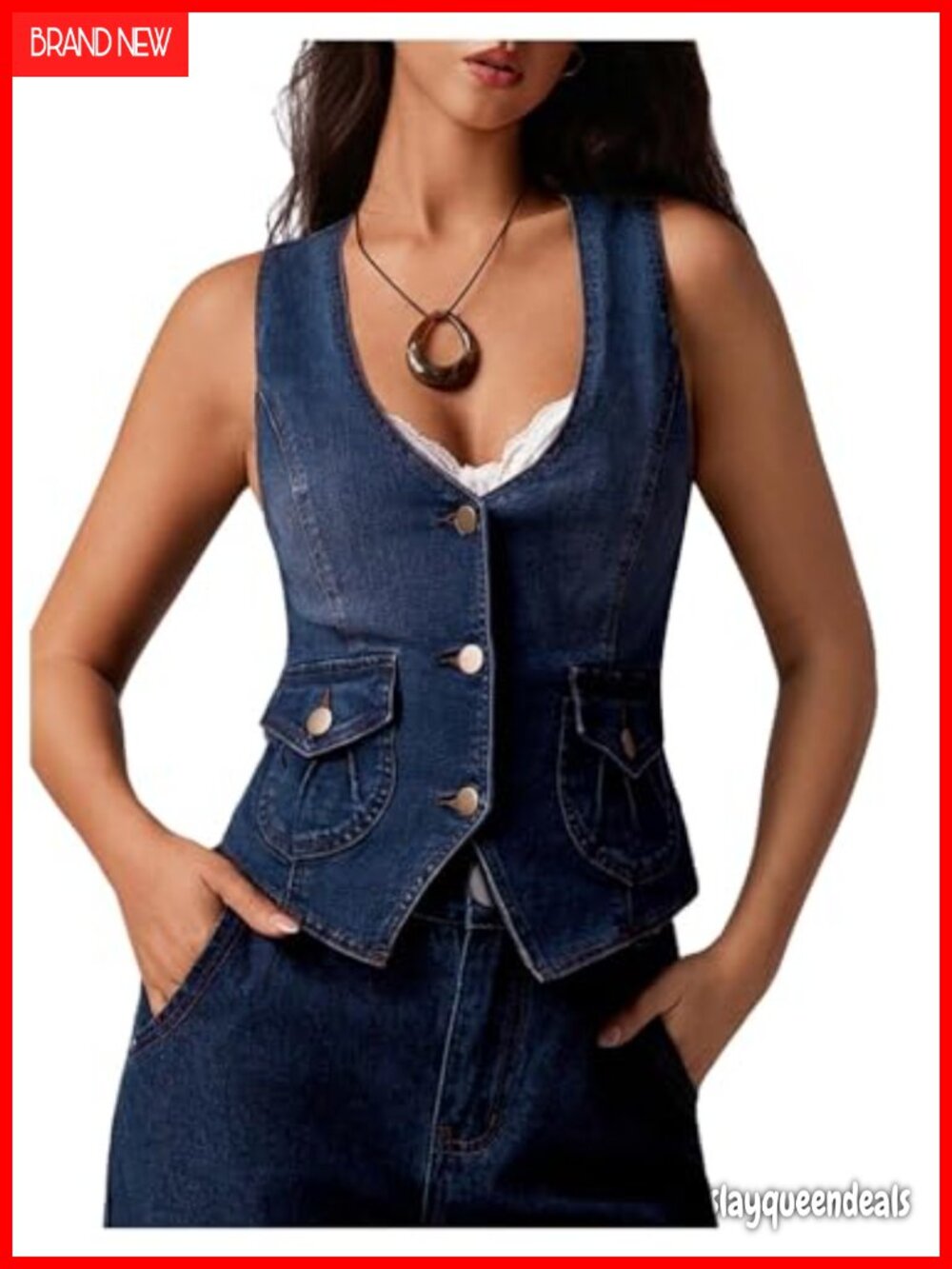 Sleeveless Button Down Denim Vest Slim Fit V Neck Jean Waistcoat